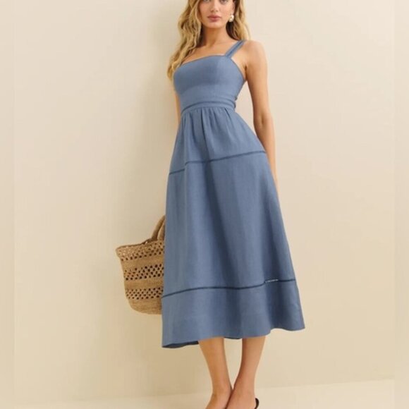 NEW Reformation Everett Linen Sleeveless Midi Dress Cornflower Blue | US 0 UK 4 - Picture 4 of 13